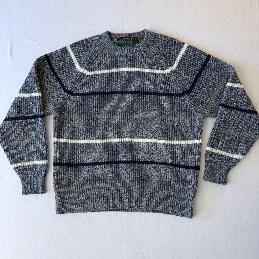 Oakton‎ Limited Mens XL Vintage Marled Knit Striped Crewneck Sweater Grey Navy